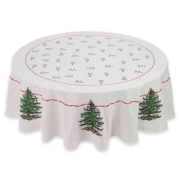 new 70-inch Round Spode Whimsical Christmas Tree Tablecloth IVORY w/ "Red Trim" - Picture 2 of 5